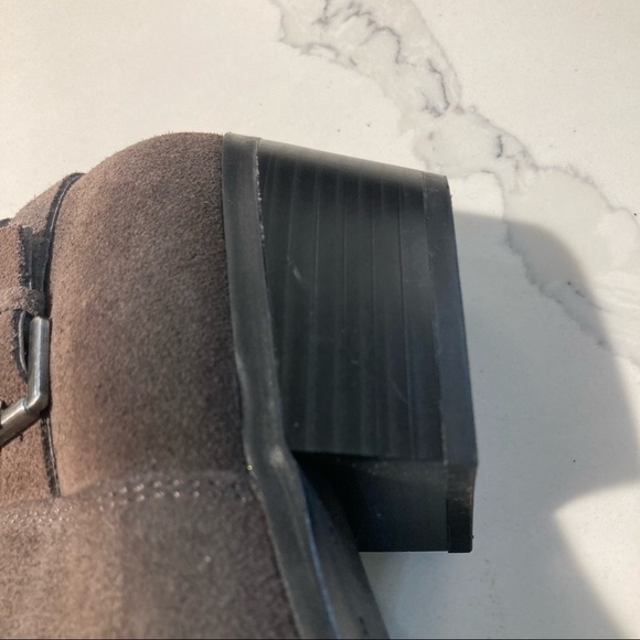 SAM EDELMAN Sz 10 Petal  Suede Cool Brown Buckle Stacked Heel Booties - Picture 5 of 14